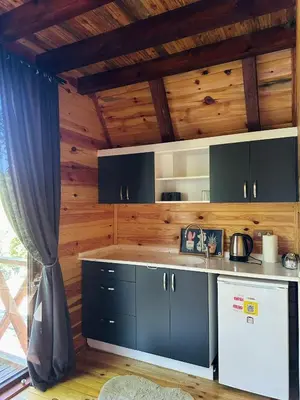 a kitchen with wooden walls and a wooden ceiling at Şifaköy Bungalov in Sapanca
