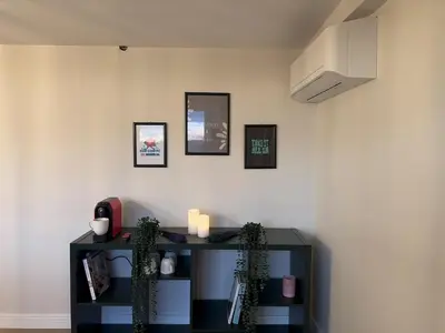 a living room with a black shelf with plants at Stunning Apt Near Metro - YM 2 in Istanbul