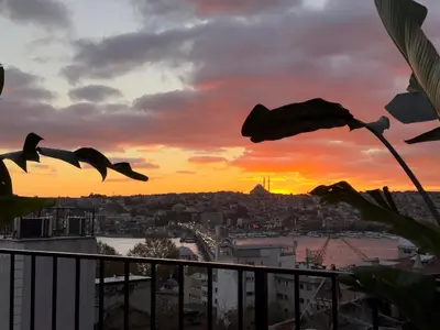 a view of a sunset from a balcony with birds at Stunning Seaview 2BR near Metro - YM4 in Istanbul