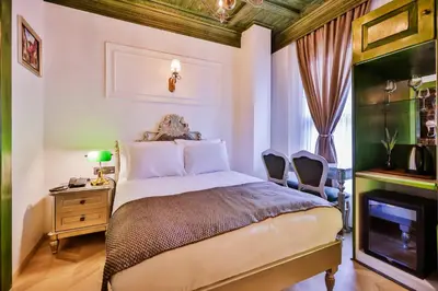 a bedroom with a bed and a tv and a desk at Emerald Mansion Hotel in Istanbul