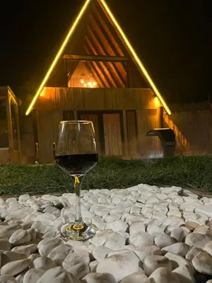 a glass of wine sitting on a stone table at DREAM DELUXE SAPANCa in Sapanca