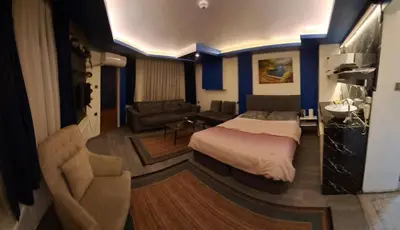 a bedroom with a bed and a living room at Mavi köşk in Bursa