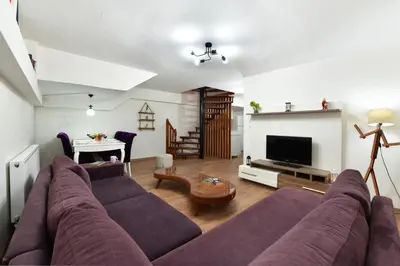 a living room with a purple couch and a tv at Historical Wood Dublex Apt at Taksim&Galata in Istanbul