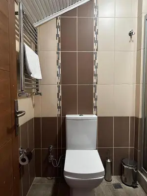 a small bathroom with a toilet and a shower at Blueway Hotel Residence in Istanbul