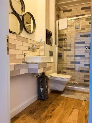 a bathroom with a sink and a toilet and a shower at Rent the Entire Bosphorus House in Istanbul