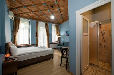 a bedroom with a bed and a bathroom with a shower at TaksimAntiqueOtel in Istanbul