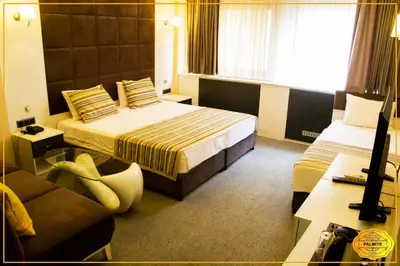 a hotel room with two beds and a couch at PALMYE HOTEL Beyoylu in Istanbul