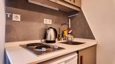 a small kitchen with a stove and a sink at Agion Living Taksim Cihangir in Istanbul