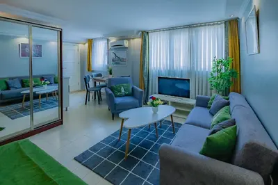 a living room with a couch and a tv at Galata Nil Suite in Istanbul