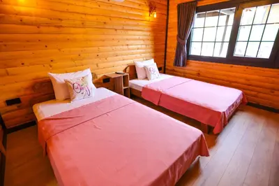 two beds in a room with wooden walls and windows at MSC Bungalov Sapanca in Sapanca