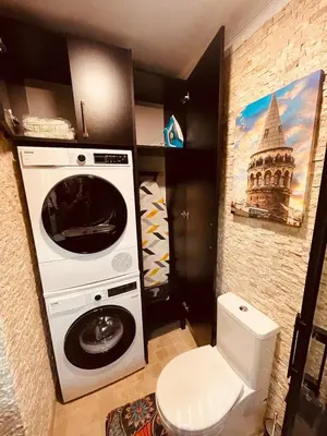 a bathroom with a washing machine and a toilet at Retro, two bedroom and livingroom on Main Street in Çekmeköy