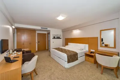 a hotel room with a large bed and a desk at PALMIYE hotel SUITES in Istanbul