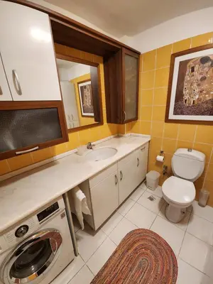 a bathroom with a toilet and a sink and a washing machine at Stunning 1BR w Sea View close to Galataport ! in Istanbul