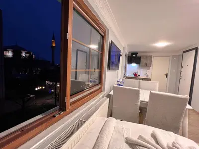 a room with a table and chairs and a window at Sultanahmet Apart Hotel in Istanbul