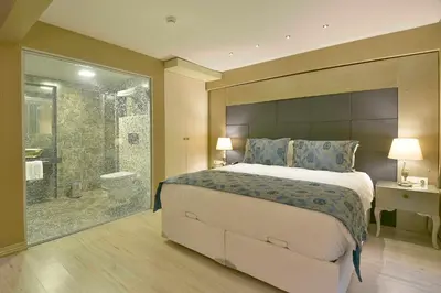 a bedroom with a large bed and a shower at Perada Suite & Room in Istanbul