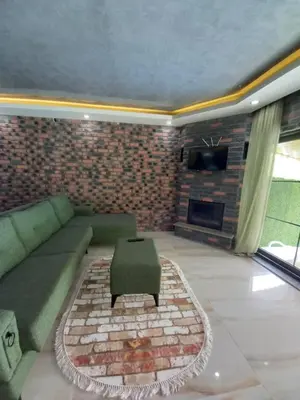a living room with a green couch and a brick wall at Sakarya Sapanca da Özel Havuzlu , Ailelere Özel Villalar in Sapanca