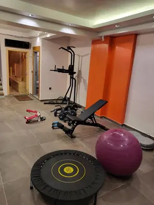 a room with a gym with a fitness ball and exercise equipment at Comfort 4 bedroom villa yalova see view in Yalova