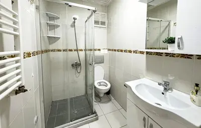 a bathroom with a shower and a toilet and a sink at Apartment in Sisli Mado14 in Istanbul