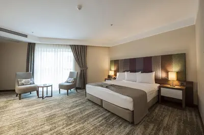 a hotel room with a bed and a chair at Ramada by Wyndham Gemli̇k in Gemlik