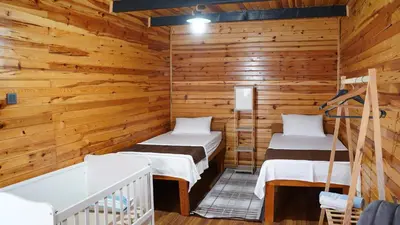 two beds in a room with wooden walls at Hilltop Bungalov Sapanca 1 in Sapanca