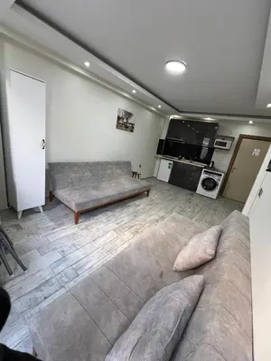 a living room with a couch and a kitchen at Nexus By Taksim Hotel in Istanbul