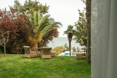 a group of chairs sitting in the grass near a pool at Palais Büyükada in Adalar