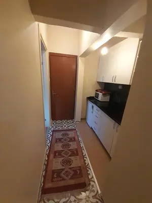 a small kitchen with a door and a rug at Stone Home Apart in Istanbul
