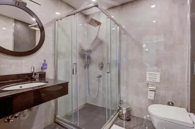 a bathroom with a shower and a sink and a toilet at Violin Hotel Sultanahmet in Istanbul