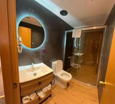 a bathroom with a toilet and a sink and a mirror at Mekanhan Hotel in Gebze