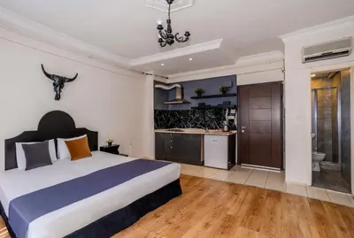 a bedroom with a king sized bed and a kitchen at Brk Dream Suites Taksim in Istanbul