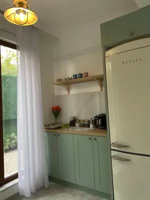 a kitchen with green cabinets and a refrigerator at Luxury Big Villa in Sapanca with Pool SKMaxx in Sapanca