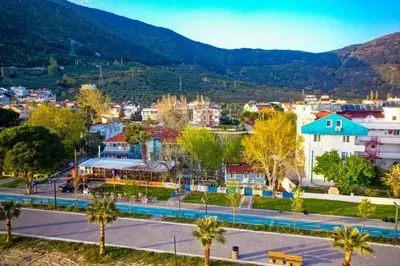 an aerial view of a city with a mountain at Devrim Apart in Ocaklar