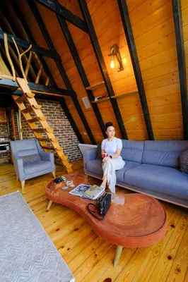 a woman sitting on a couch in a living room at sapancakelebekvadibungalov in Sapanca