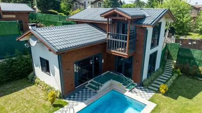 an overhead view of a house with a pool at Rubin Sapanca in Sapanca