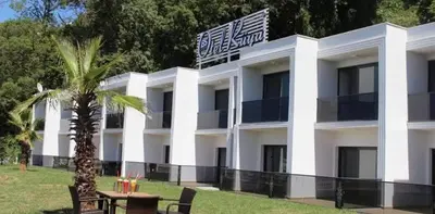 a white building with a palm tree in front of it at Rüya Otel Şile in Sile