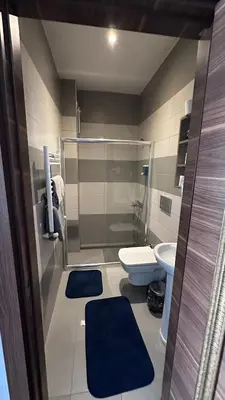 a bathroom with a shower and a toilet and blue rugs at Echoloft İstanbul- Nişantaşı in Istanbul