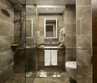 a bathroom with a shower and a sink and a toilet at Hotel Yigitalp Istanbul in Istanbul