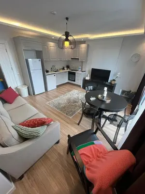 a living room with a couch and a table at Suadiye Bostanci Luxury 2 Bedroom Apartment with Pool in Istanbul