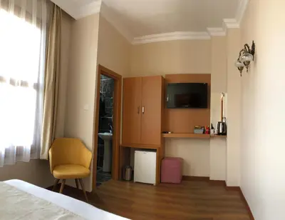 a bedroom with a bed and a tv and a chair at Ottoman's Pearl Hotel in Istanbul