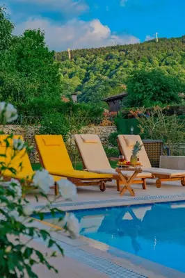 two lounge chairs and a table next to a swimming pool at Kiwii Sapanca in Sapanca