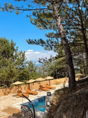 a swimming pool with chairs and umbrellas at Niceland İznik