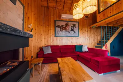 a living room with a red couch and a fireplace at Say Resort Bungalov in Sapanca