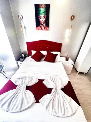 a bedroom with a large white bed with red pillows at Taksim Luxury Capital Hotel in Istanbul