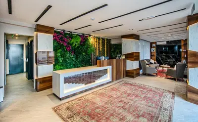 a living room with a fireplace and a plant wall at Hilltown Airport Hotel & Restaurant in Taşoluk