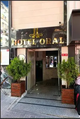 a hotel entrance with two potted plants in front of it at ORAL hotel in Istanbul