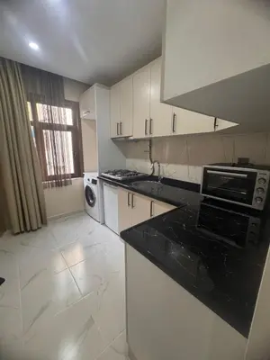 a kitchen with white cabinets and a black counter top at Taksim Tekir Apartment in Istanbul
