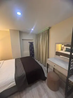 a bedroom with a bed and a desk in it at Taksim Tekir Apartment in Istanbul