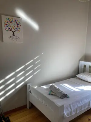 a white bedroom with a bed with a painting on the wall at Feridiye 3 Oda 1 salon Daire in Istanbul