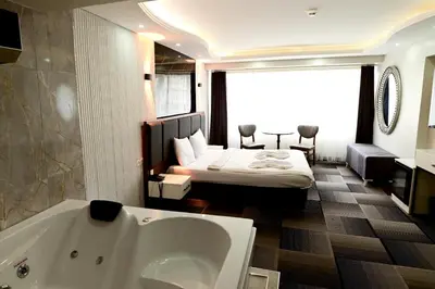 a hotel room with a bath tub and a bed at Lizbonia Suit in Istanbul