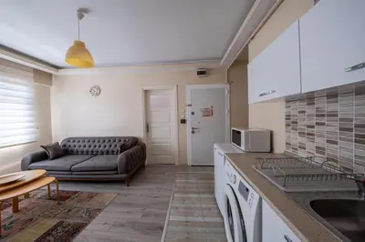 a living room with a couch and a kitchen at White Rose Apartments in Istanbul